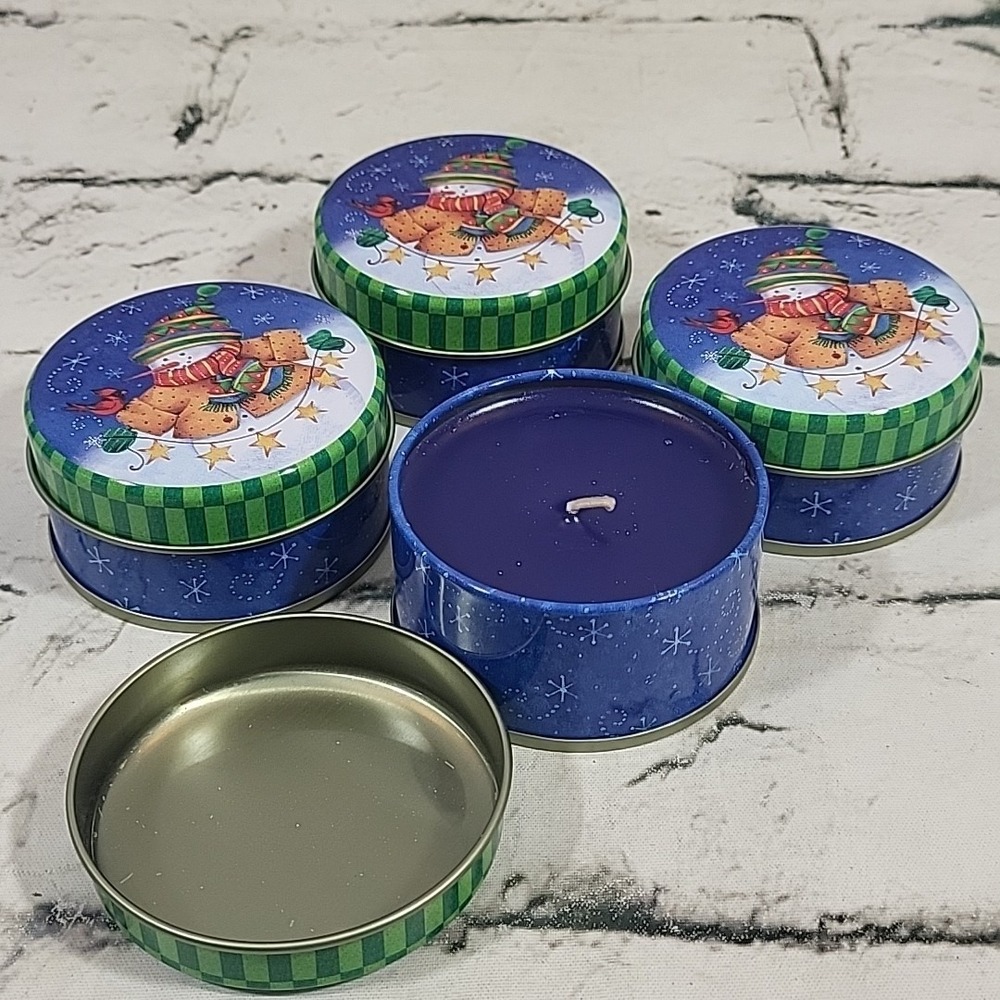 American Greetings Christmas Candle Tins Lot Of 4 Snowmen Peppermint Scent New